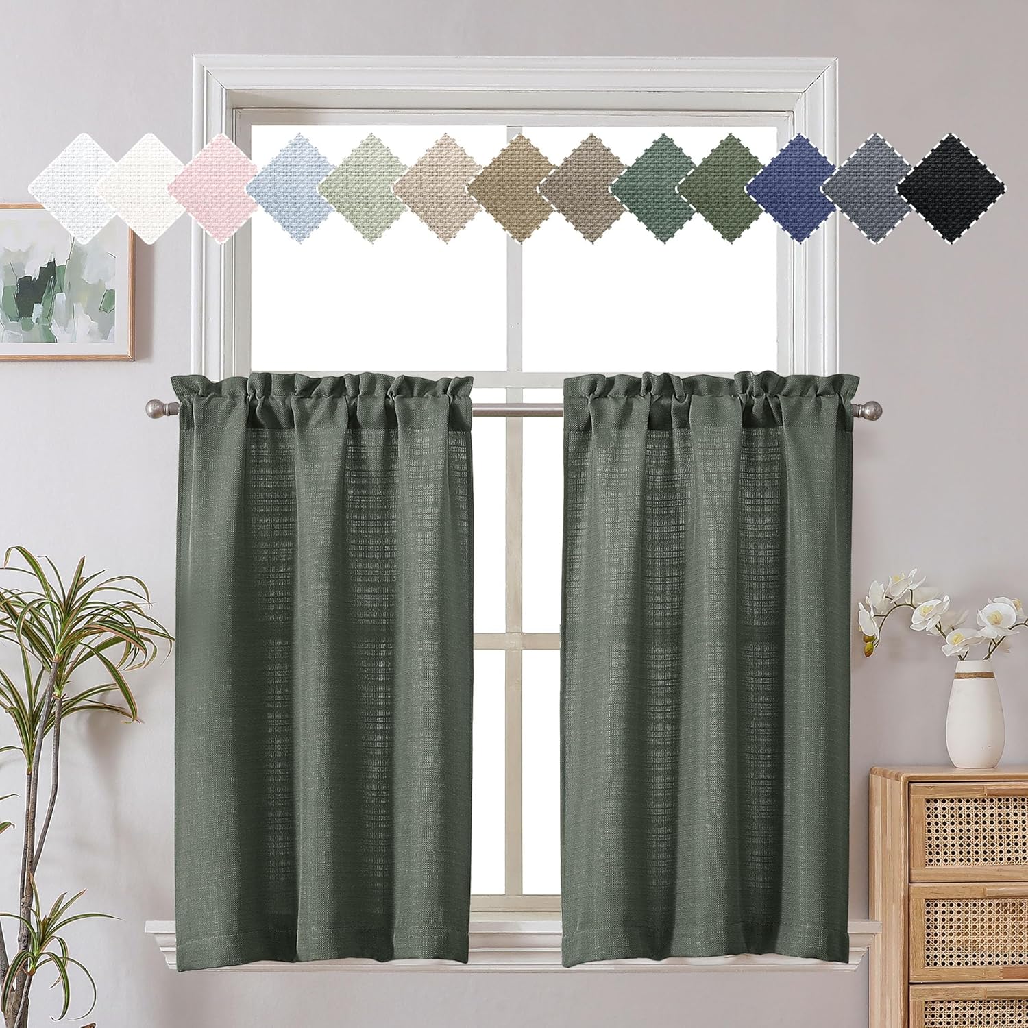 Chyhomenyc Bennet 2 Panels Olive Green Kitchen Curtains 36 Inch Length Tier Curtains
